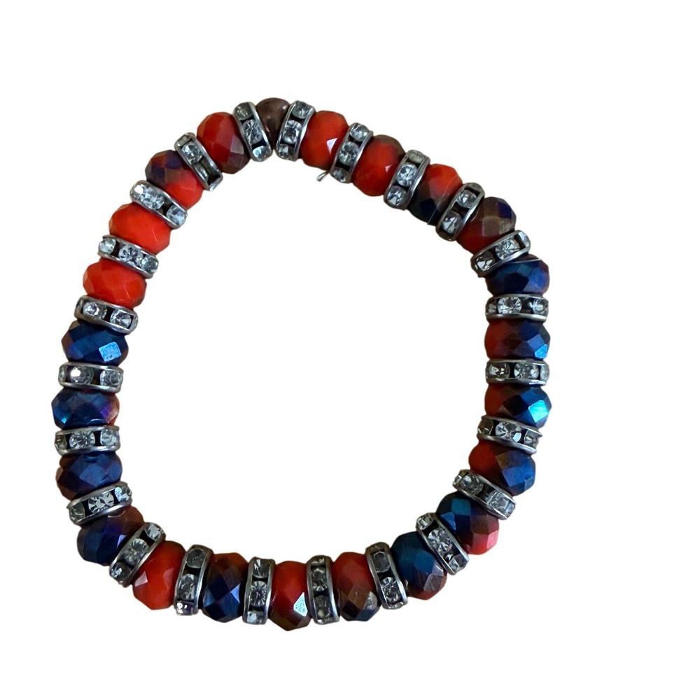 Red and Blue Faceted‎ Glass Bead Stretch Bracelet  Rhinestone Spacers